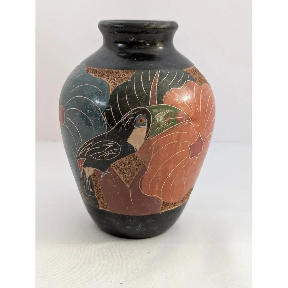 Vintage Folk Art Pottery Vase Bird Butterfly Flowers Black Clay Sgraffito